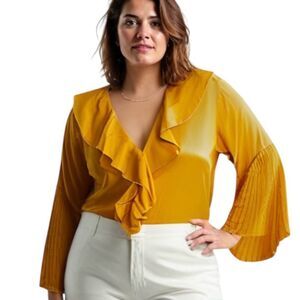 Rouge Collection Boutique Ruffle Front Pleated Bell Sleeve Mustard Yellow Top-2X